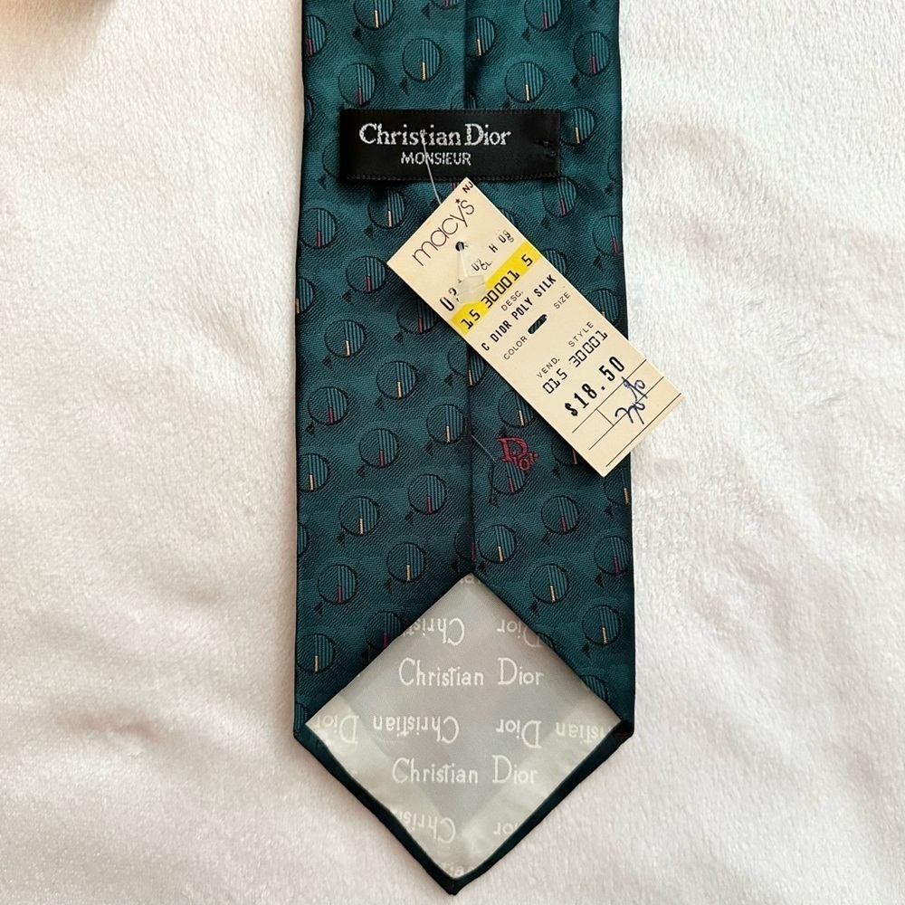 Vintage Christian Dior Monsieur Poly Silk Mens Neck Tie Teal Green Circles NWT - Picture 4 of 7